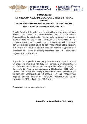 COMUNICADO - PROCEDIMIENTO PARA RELEVAMIENTO DE FRECUENCIAS UTILIZADAS EN EL RANGO AERONÁUTICO.