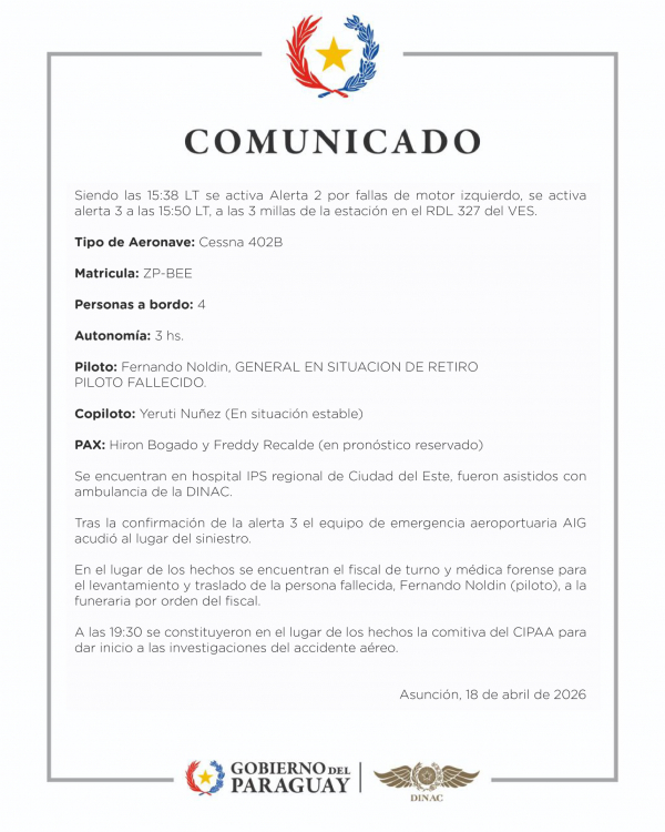 Comunicado: Accidente aéreo 18/4/2026