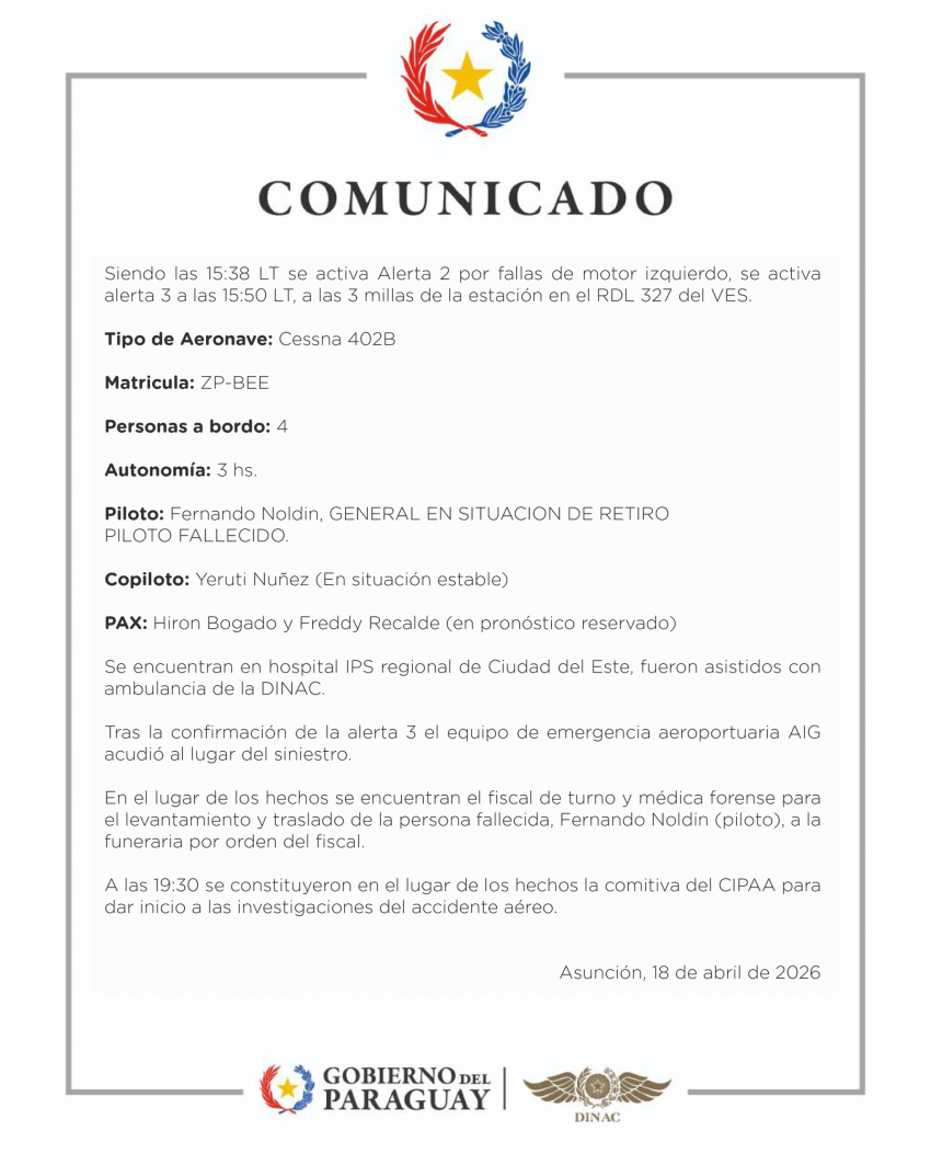 Comunicado: Accidente aéreo 18/4/2026
