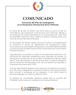 COMUNICADO 28/04/2024 - Activación de Plan de Contingencia en el Aeropuerto Internacional Silvio Pettirossi