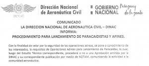 COMUNICADO: Procedimiento para lanzamiento de paracaidistas y afines.