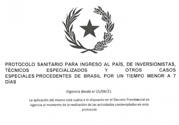 PROTOCOLO SANITARIO PARA INGRESO AL PAIS - Vigencia desde el 15/04/2021