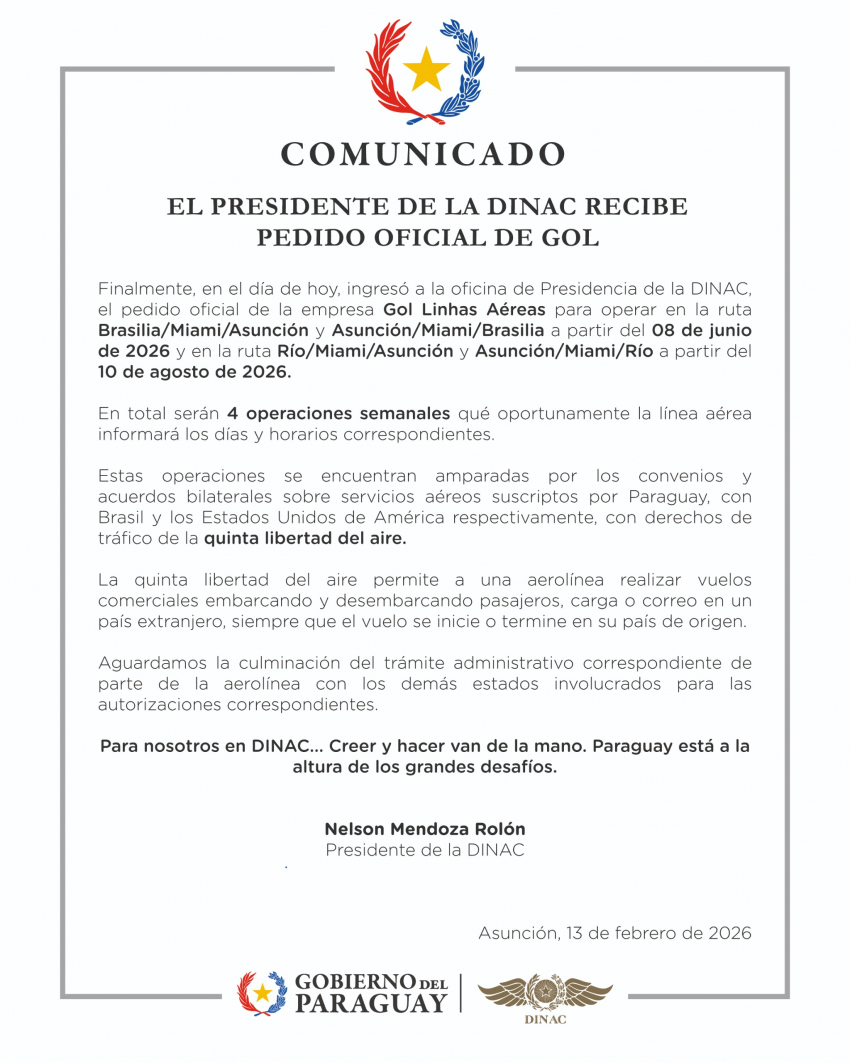 Comunicado: El Presidente de la DINAC recibe pedido oficial de GOL