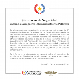 COMUNICADO  08/05/2024 - Simulacro de Seguridad entorno al Aeropuerto Internacional Silvio Pettirossi